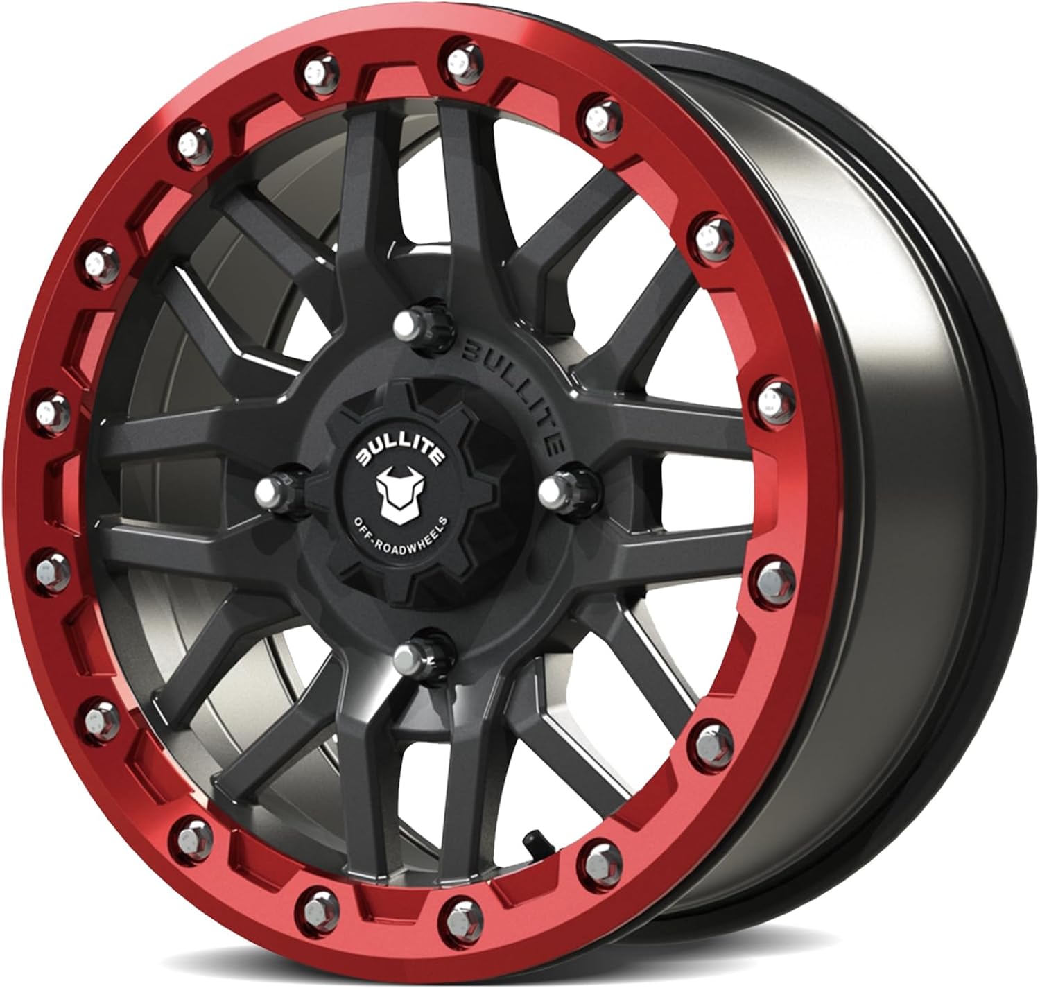 Bullite Wheels BT-06 Berserker Series | Can-Am Maverick X3 Commander Renegade Outlander Defender (Satin Black Rim and Raw Machined Beadlock, 14x7, 5+2 Offset, 4x137 Bolt)