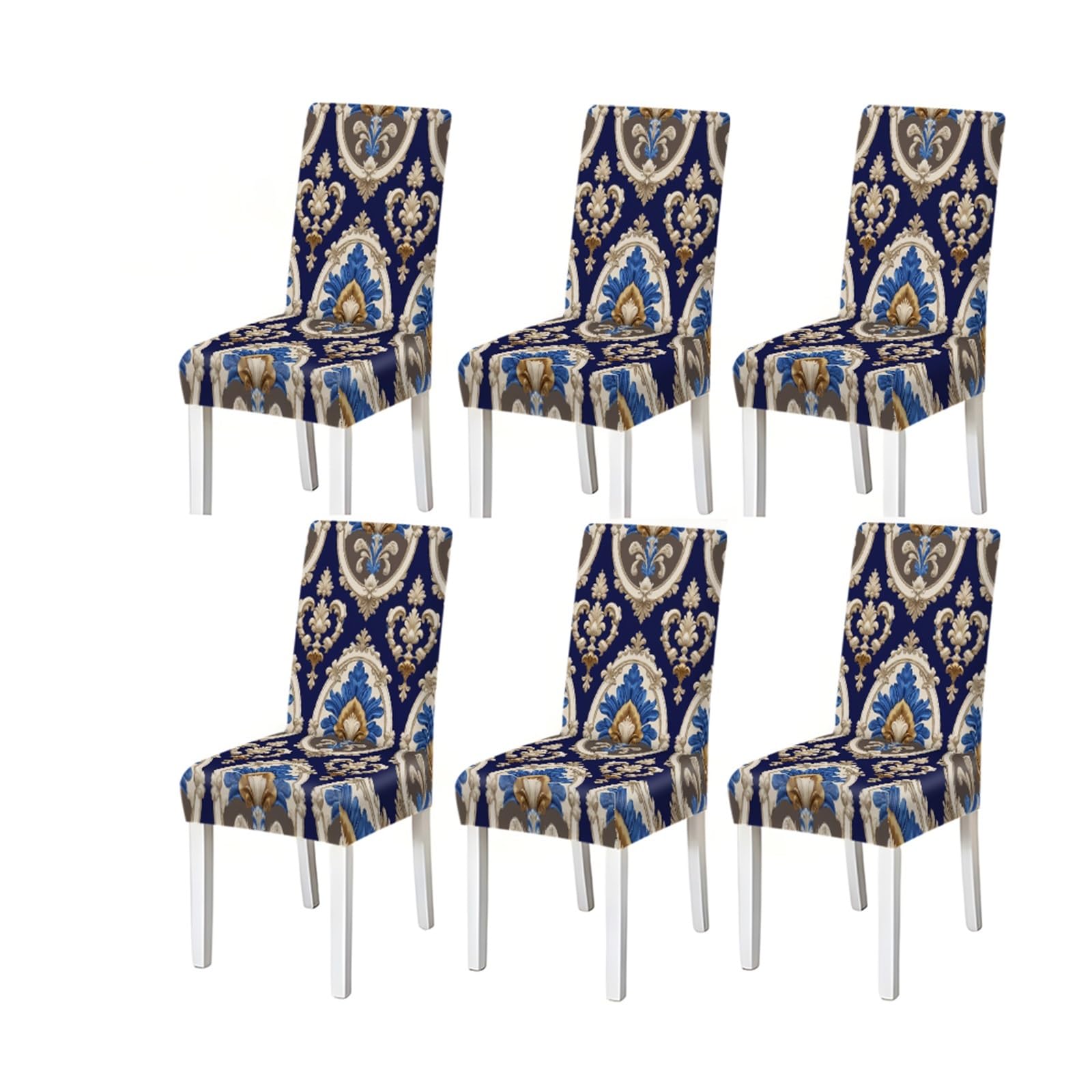 KXUAUV Royal Blue Baroque Damask Print Stretch Dining Chair Covers, For Home Kitchen Dining Room Party, 2/4/6 PCS Seat Protectors for Restaurant Hotel Party(6PCSChair cover)