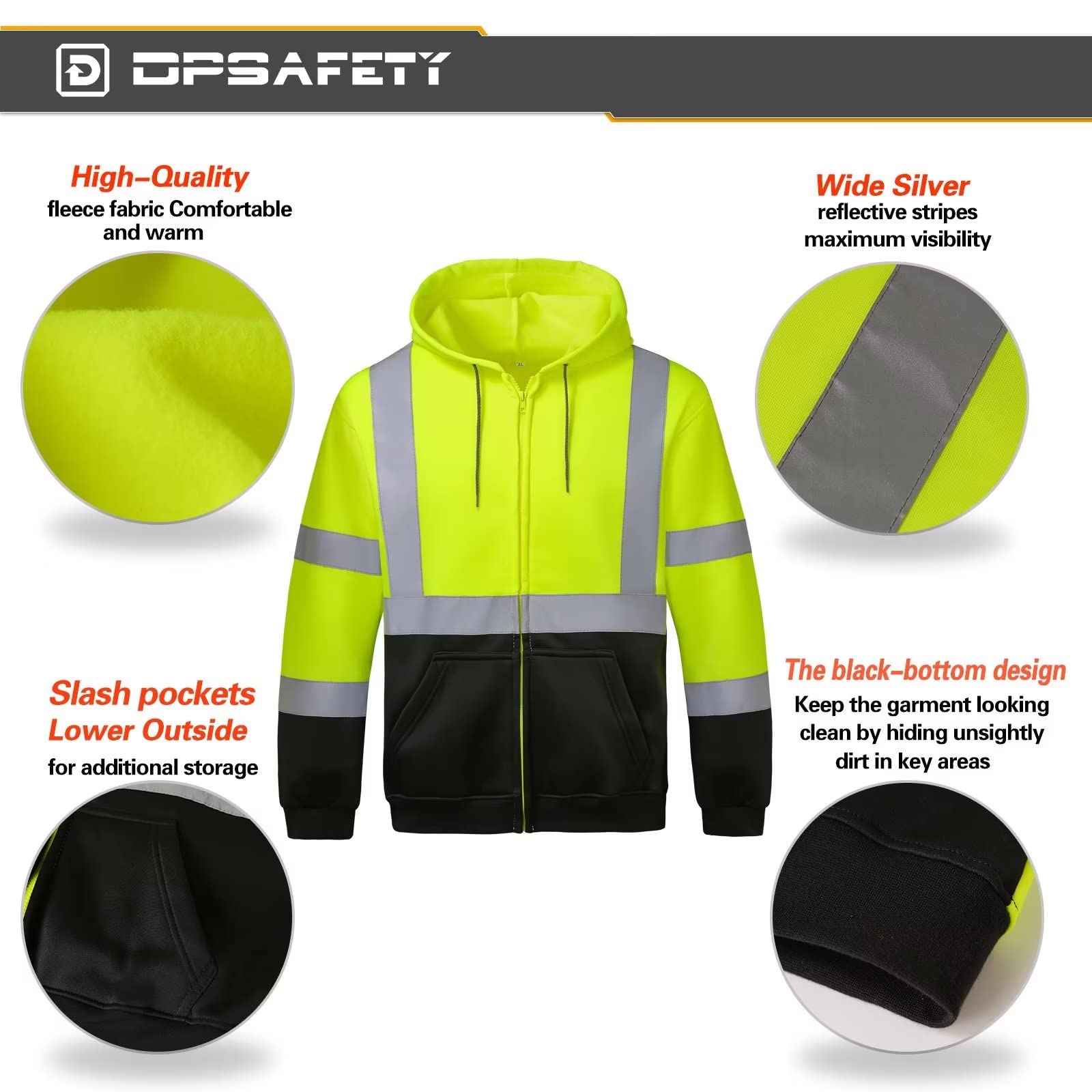 Camisa de manga larga de alta visibilidad Ropa de trabajo de forro polar reflectante Poliéster Cremallera Verde limón XXXXL, 4X-Large, Cremallera verde limón, XXXXL