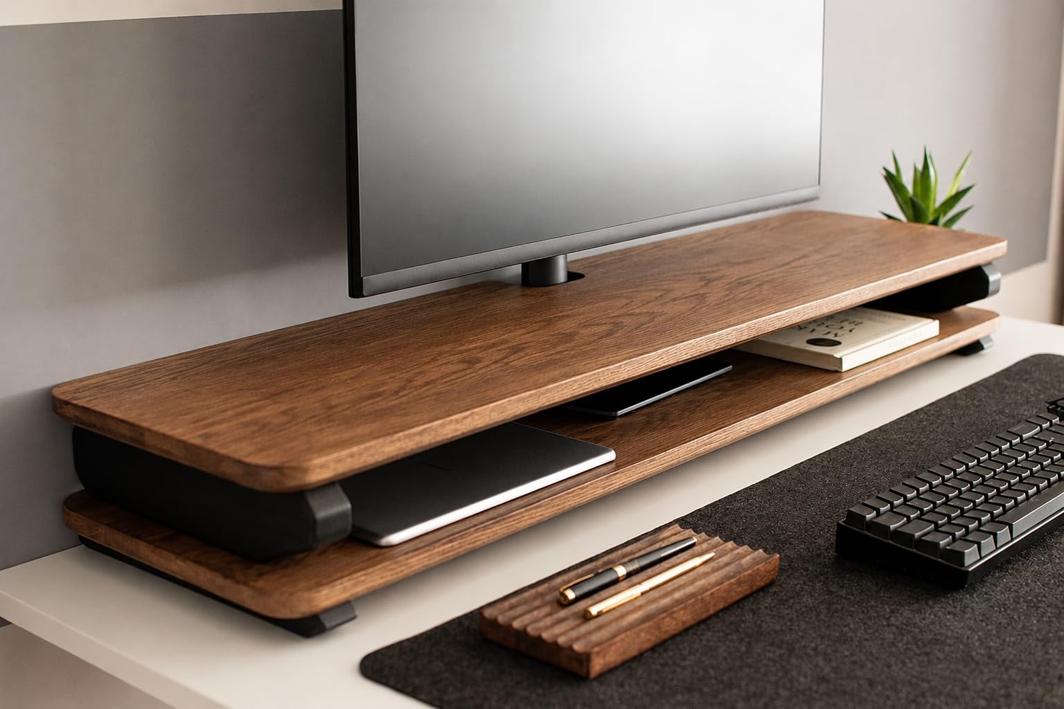 Store Wooden Monitor Stand with Storage Organizer for Desk with Wire Hole, Tables, Office, Home, Studio, Study Table | Monitor Stand Riser (Black Legs, 80Cm Long)-image-14