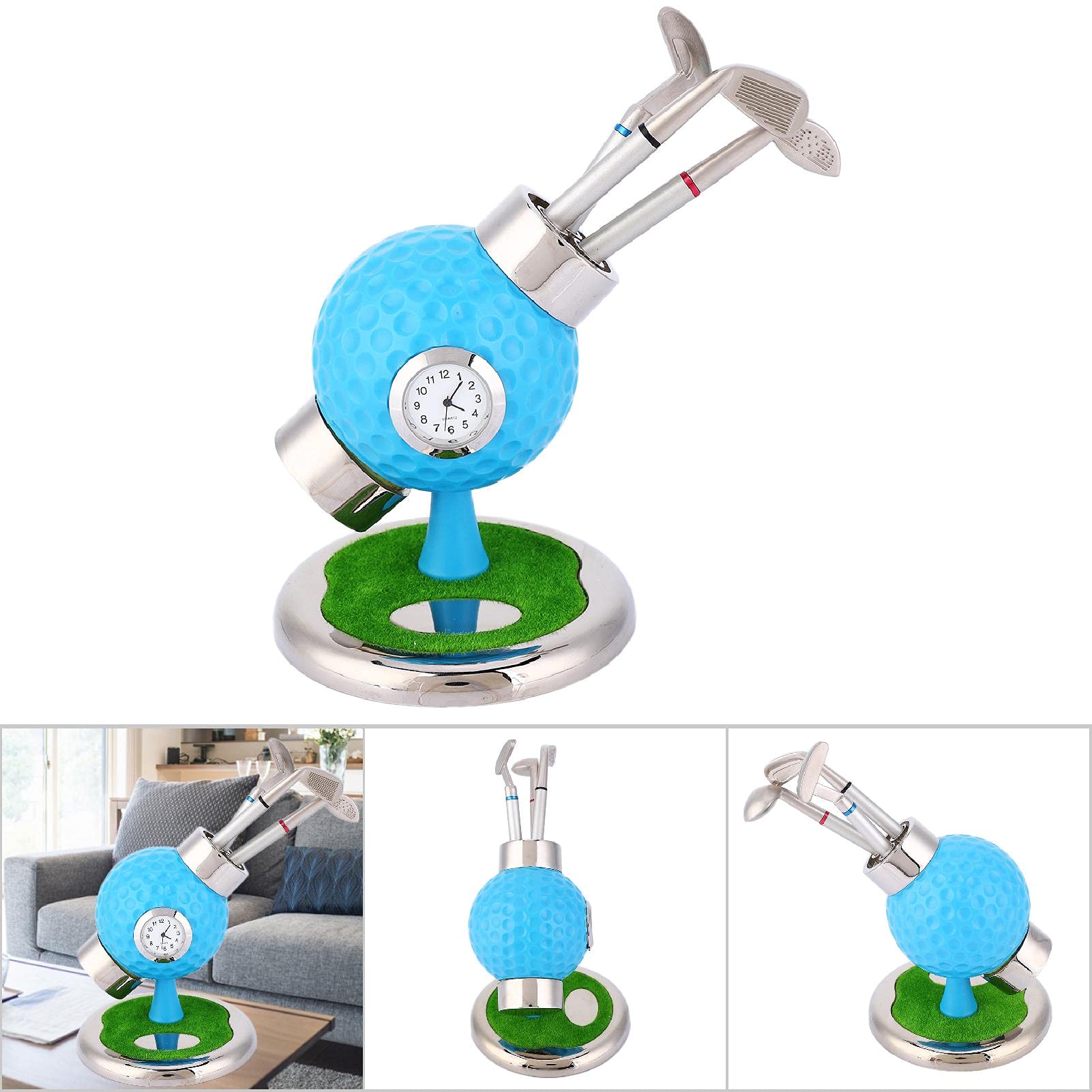 Stifthalter in Golfballform, Bleistiftvase, Desktop-Set mit Uhr und 3 Stiften für das Arbeitszimmer (Blau)