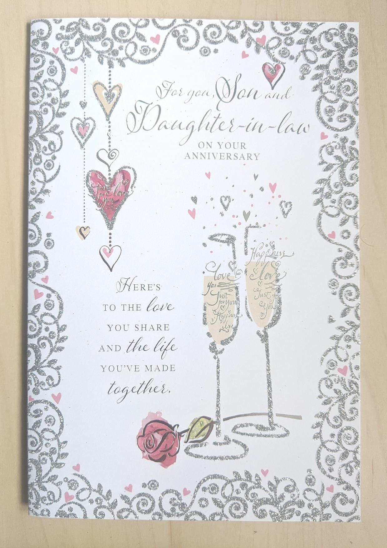 Son & Daughter In Law Anniversary Card - Champagne & Glass Verse 23cm x 15.5cm (9"x6") 78