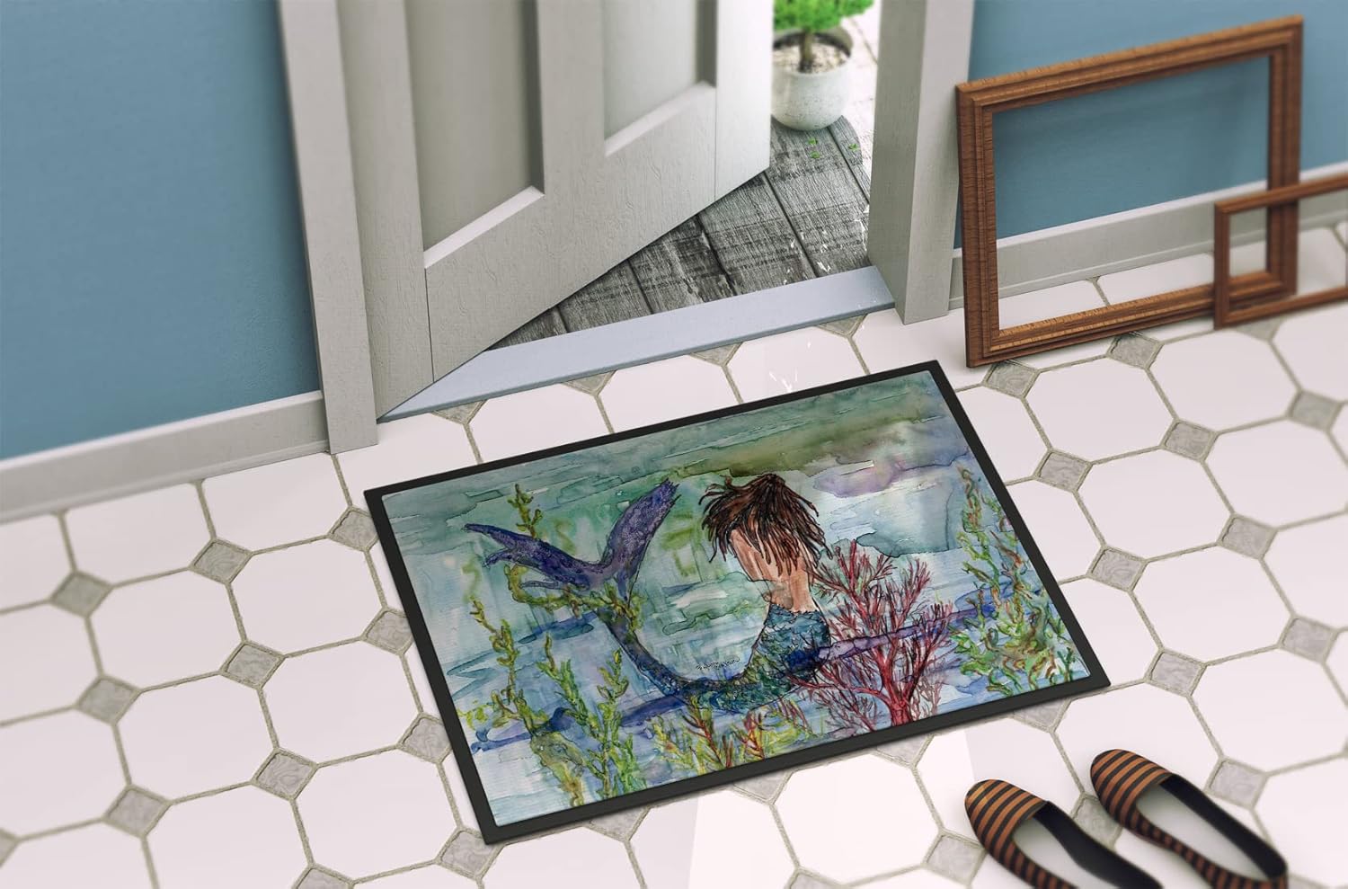 Caroline's Treasures 8973MAT Brunette Mermaid Coral Fantasy Doormat 18x27 Front Door Mat Indoor Outdoor Rugs for Entryway, Non Slip Washable Low Pile, 18H X 27W