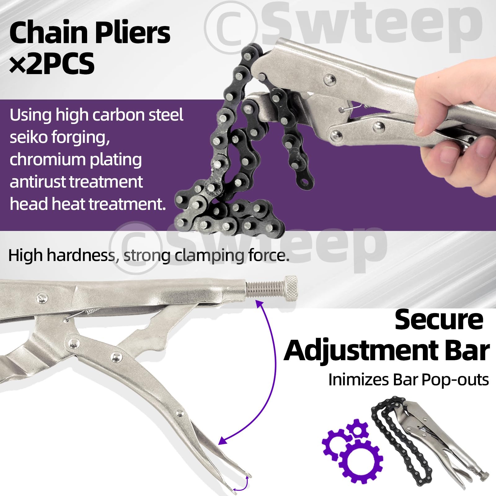 Swpeet 2Pcs 9 Inch Heavy Duty Alloy Steel Locking Chain Clamp Pliers with 20" Chain - Image 4