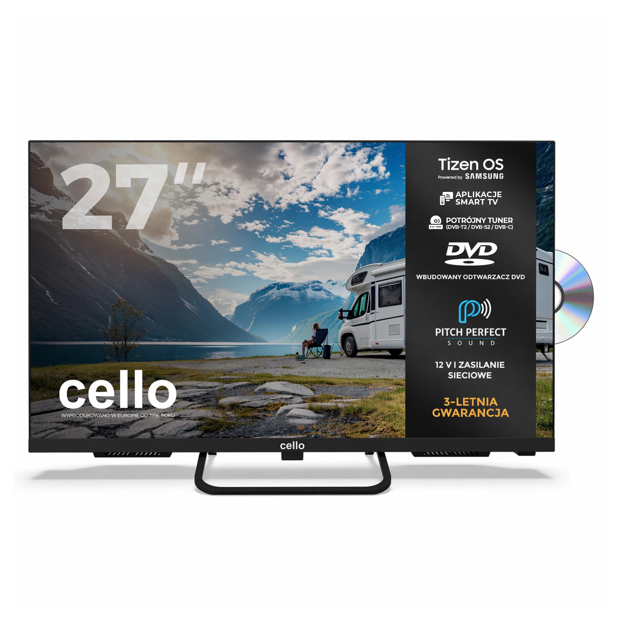 Cello Ctrav-27TZF 27" Smart LED 12V Traveller TV/DVD z systemem Tizen OS, głośniki Pitch Perfect, Bluetooth, HDMI, USB, mały telewizor do kamperów, ciężarówek (HGV) i łodzi