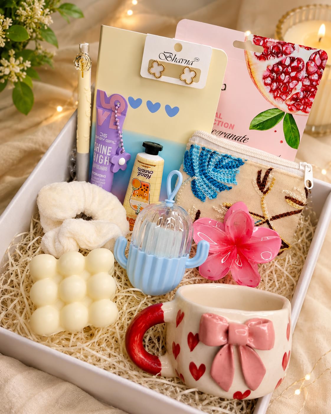 Aesthetic Gift Box Pack Hamper For Women and Girls Gifts for Birthday Anniversary Day Women's Day Gift Mug Scrunchie Pink Hair Clutch Scented Candle Trendy Bracelet Lip Balm Diary Combo Pack Coin Pouch-image-20