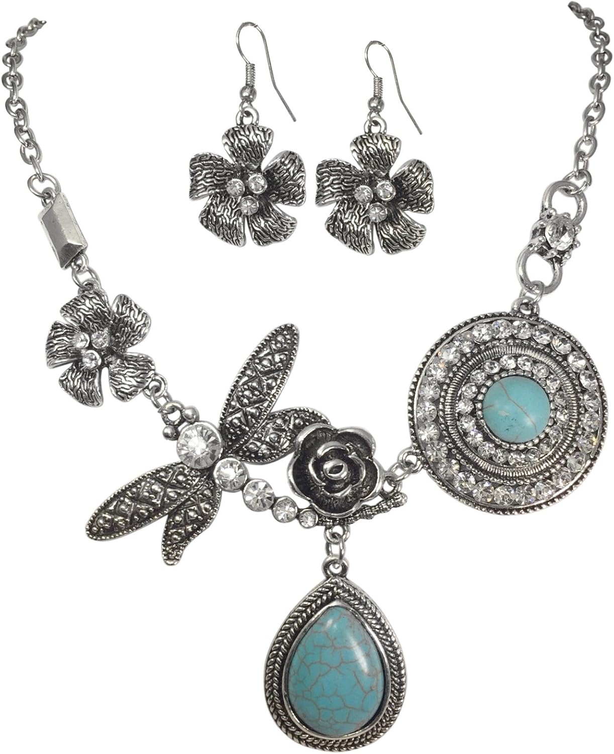 Gypsy Jewels Unique Simulated Turquoise with Dragonfly Vintage Look Necklace & Dangle Earring Set