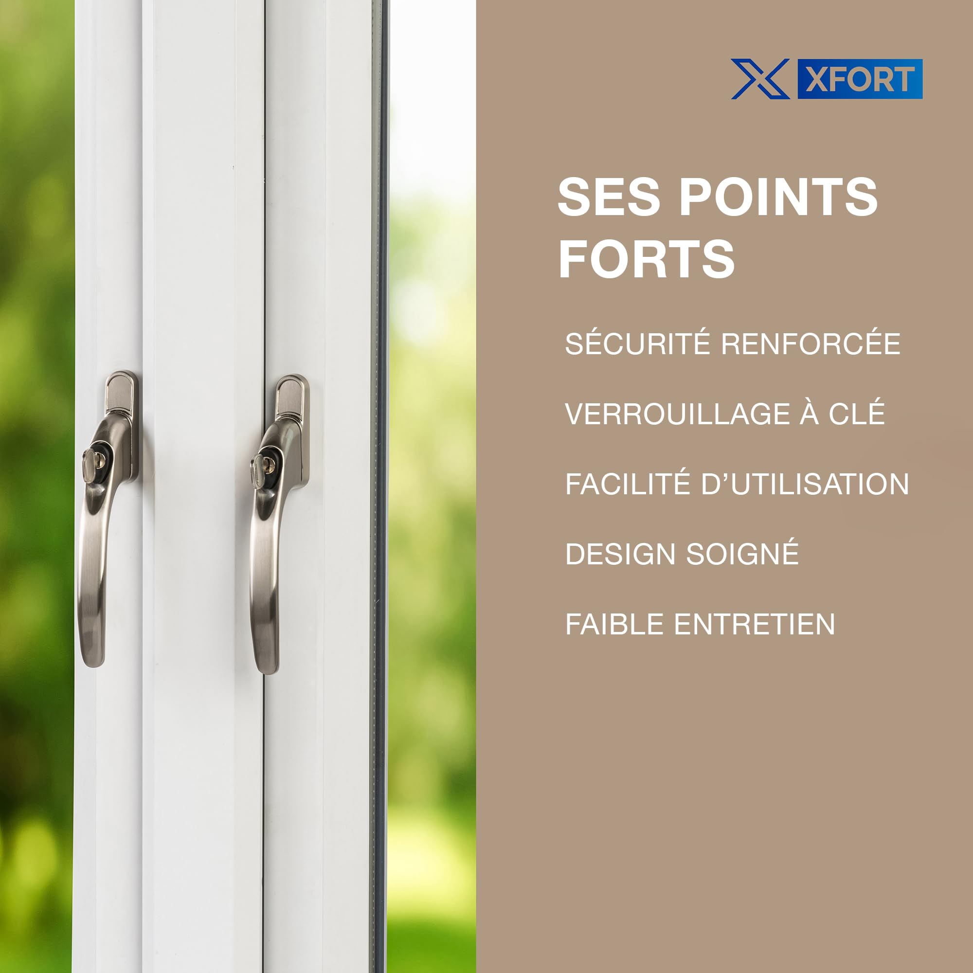 XFORT Kit D'Installation Poignée De Fenêtre Droite À Clé Chrome Satiné Poignée De Rechange Pour Fenêtre PVC-U Verrouillable Universelle