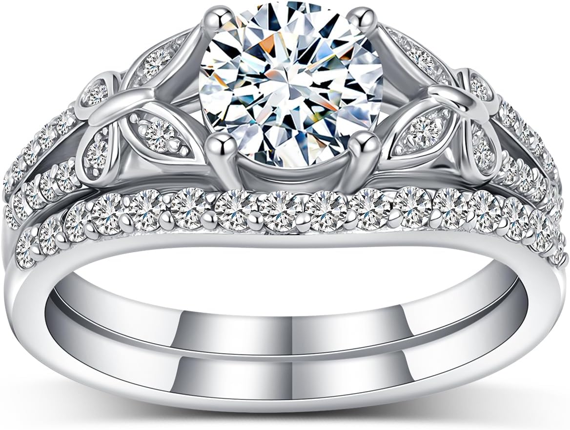 Round-Cut Moissanite Engagement Rings Sets for Women,10K 14K 18K Real Gold Butterfly Wedding Rings Sets,Bridal Ring Sets with Free Engraving