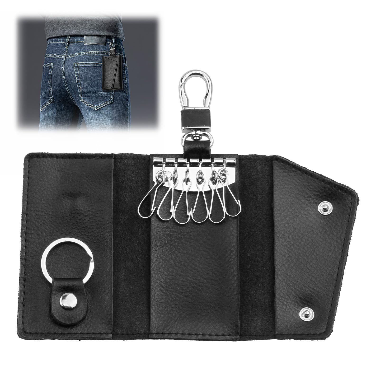 GBULTR Estuche de Llave Llavero Monedero Cuero Organizador Portátil con 6 Ganchos, Porta Llaves de Bolsillo, Estuche Multifuncional para Llavero Coche, Tarjetas y Efectivo, 11x7x3cm - Negro