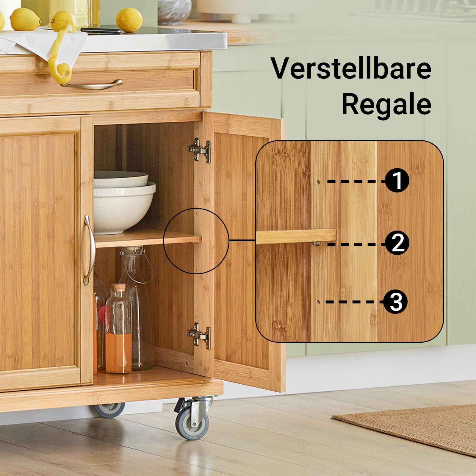 SoBuy Servierwagen mit Rollen Küchenwagen mit Arbeitsplatte aus Edelstahl, platzsparender Küchenrollwagen aus Bambus für kleine Küchen, Servierwagen Outdoor mit Schublade Natur B74×H92×T46 cm FKW13-N