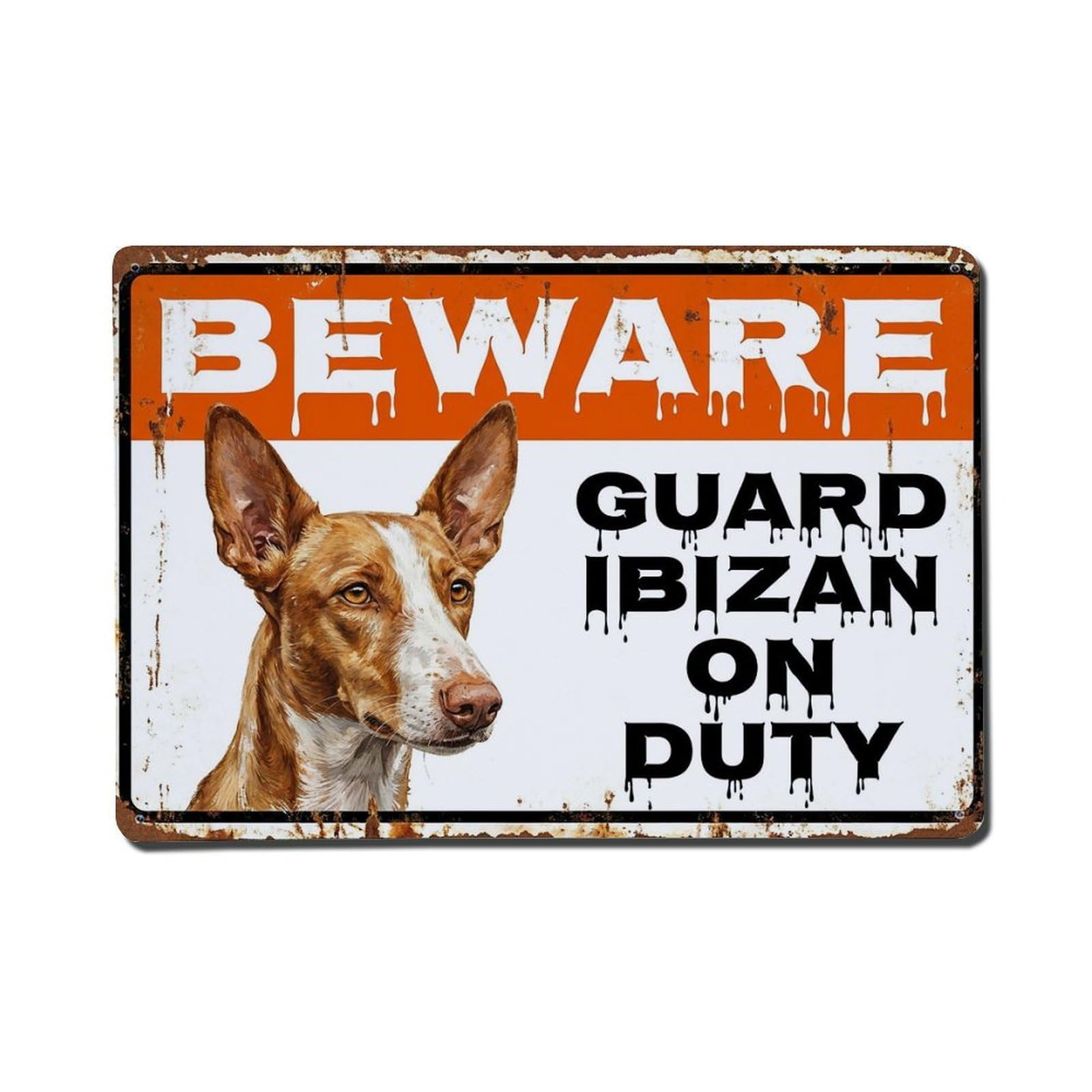 Vintage Funny Ibizan Guard Beware of Dog Veranda Metal Tin Sign Plaque Wall Decor for Cafe, Club Bar, Office, Garden Metal Poster 8x12Inch