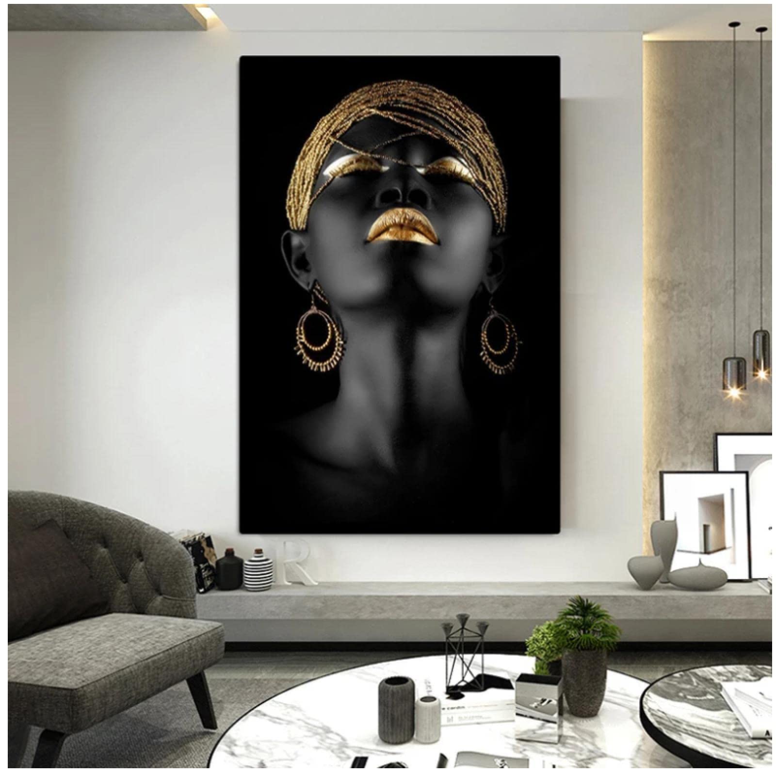 Zwarte vrouw Poster Schoonheid Afrikaanse vrouw met tulband Canvas schilderij Posters Prints Wall Art Foto voor woonkamer Decor 60x80cm (24x31in) Frameloos