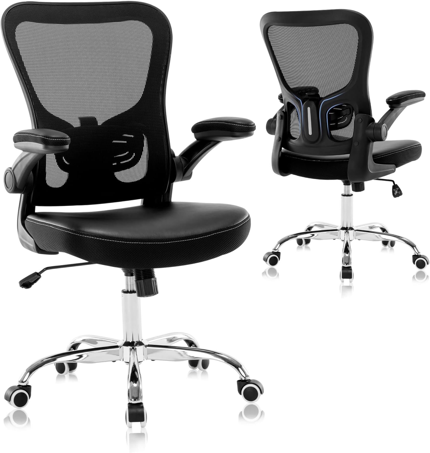 Office Chair, Mesh Ergonomic Desk Computer Chair with PU Leather Flip-up Armrest, Home Task Chair with Lumbar Support, Adjustable Executive Mid Back, Rolling Swivel,Black