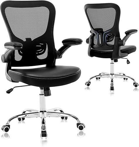 Silla de oficina, silla ergonómica de malla para computadora con reposabrazos abatibles de piel sintética, silla de tareas para el hogar con soporte