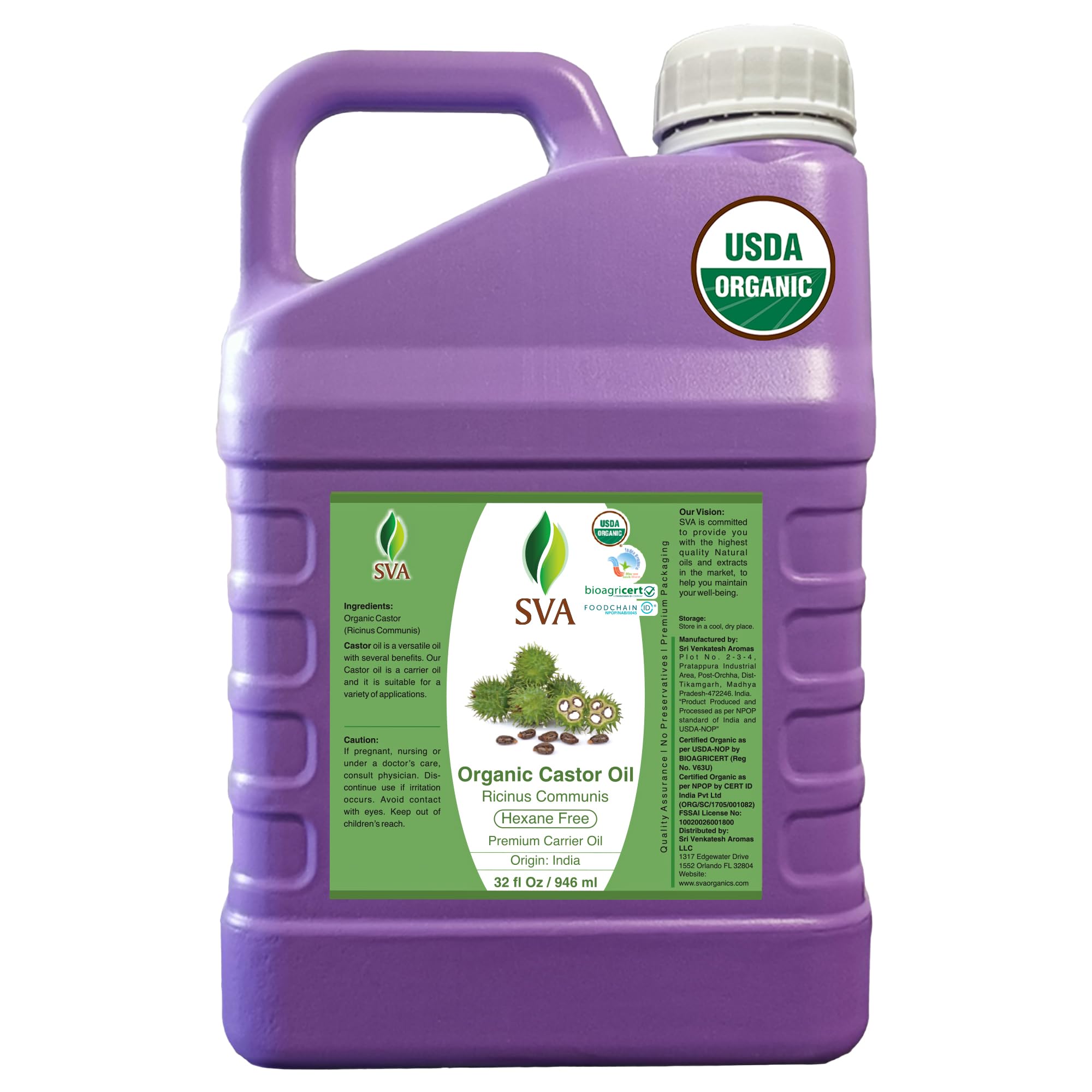 SVA Organic Castor Seed Carrier Oil, Large Size, 32 Oz (946 ml)