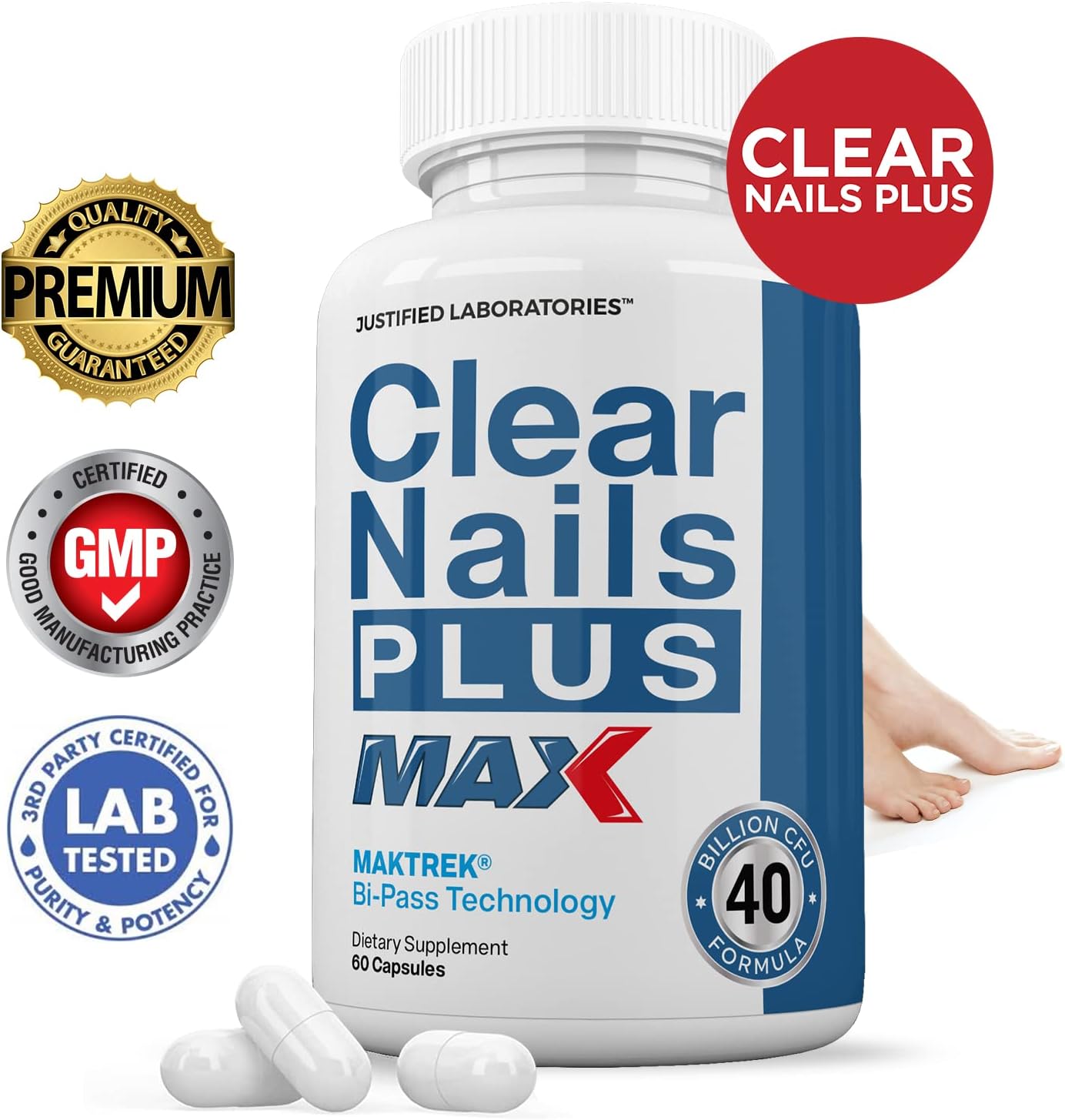 Justified Laboratories Clear Nails Plus Max Pills 40 Billion CFU Probiotic Supports Strong Healthy Hair Skin Nails 60 Capsules