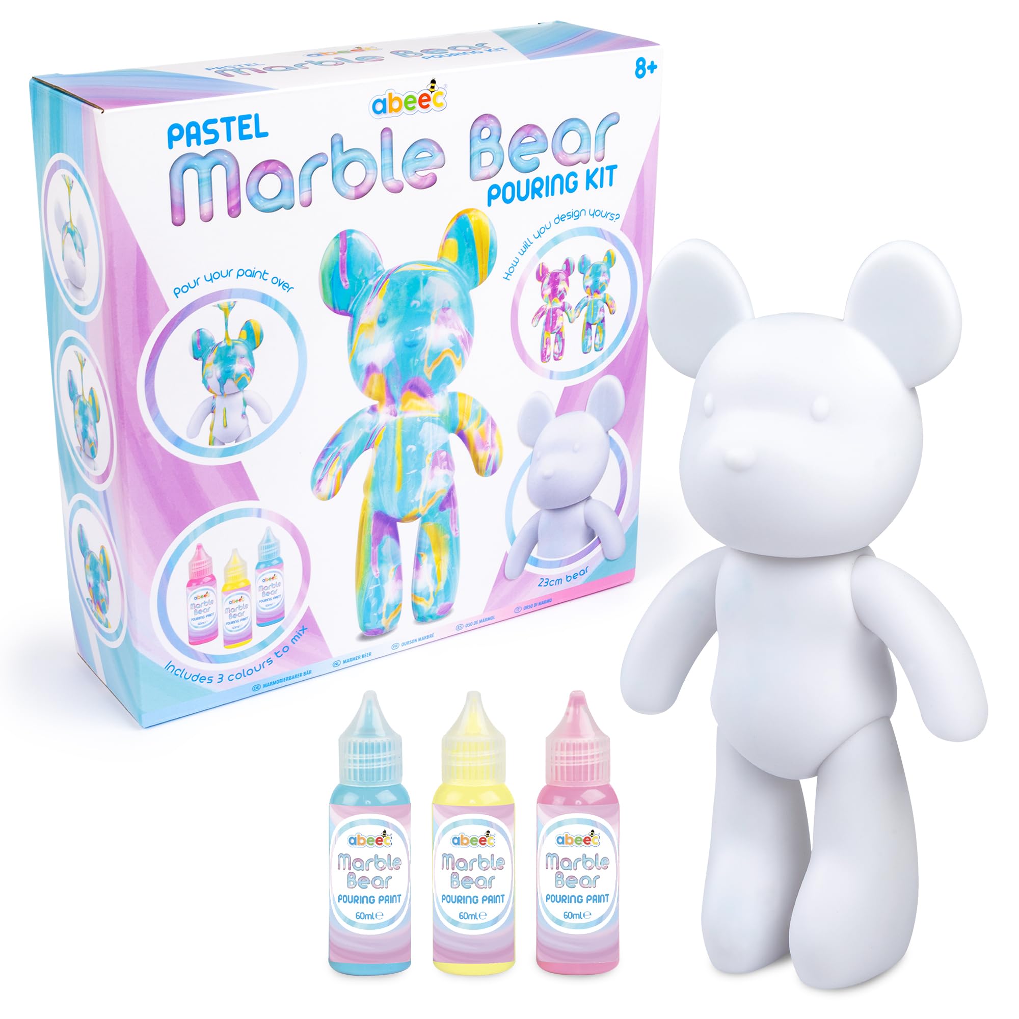 Abeec Girls Pastel Marble Bear Pouring Kit | Diy Paint Pouring Craft Set For Kids Age 8+ | Creative Art Project With 23Cm Bear, Paints And Tools | Fun Birthday Gift For And Boys