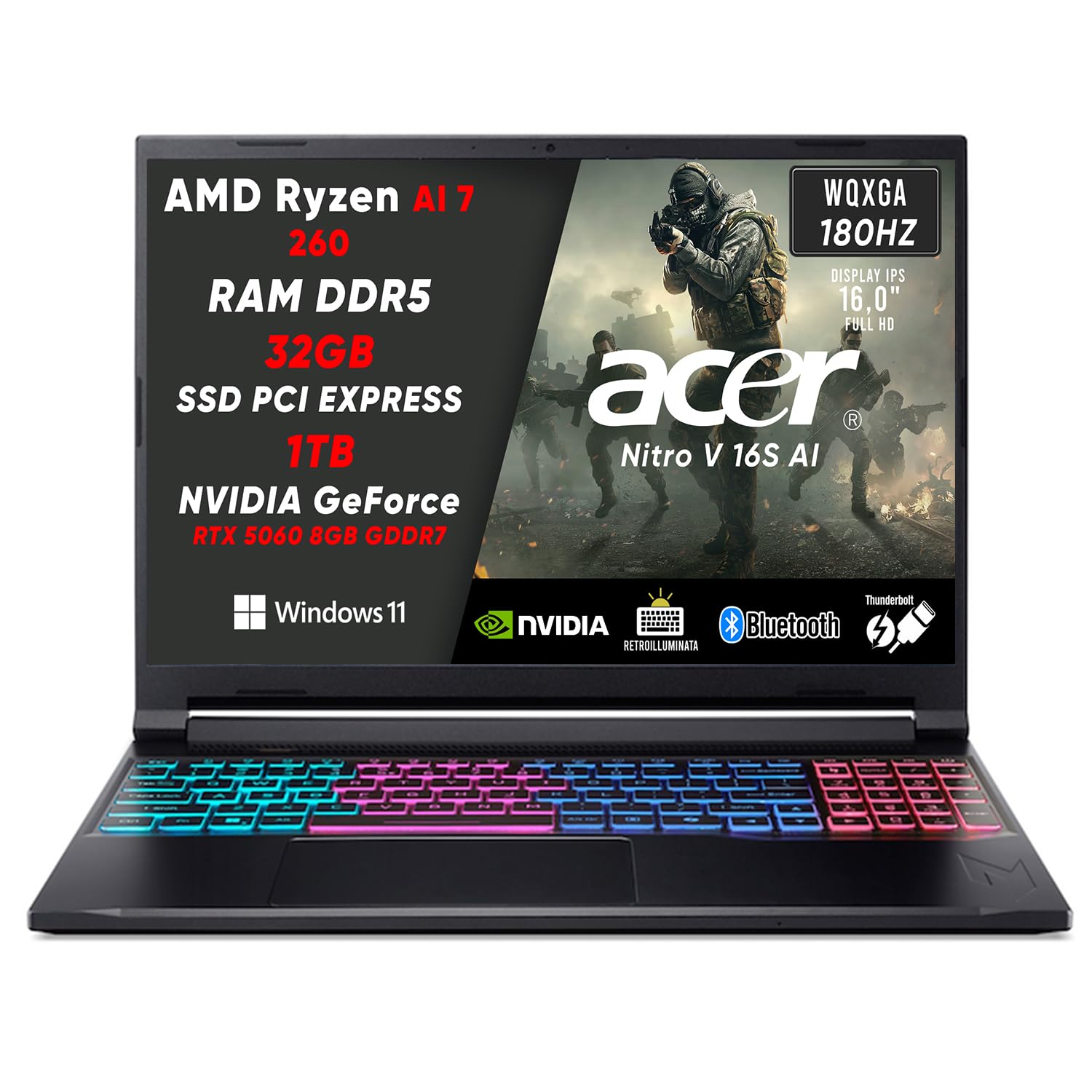 acer Nitro V16 AI Pc Gaming AMD Ryzen AI 7 260, NVIDIA GeForce