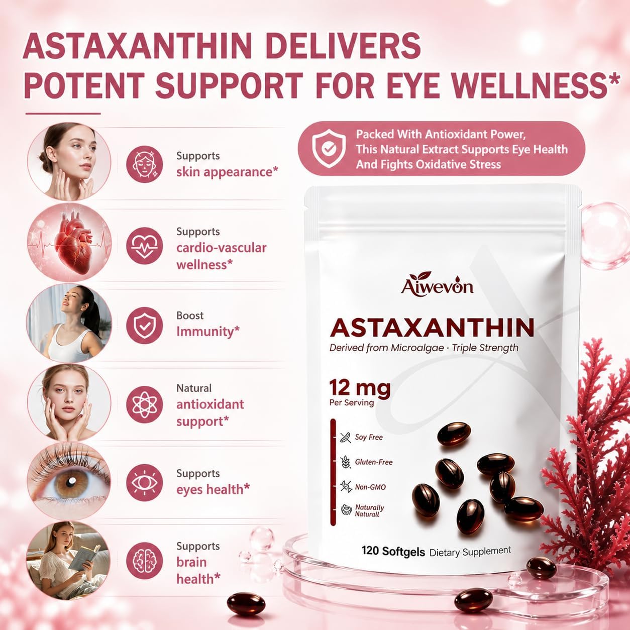 High Potency Astaxanthin 12mg 120 Softgels, Natural Astaxanthin Supplement from Microalgae with MCT Oil, Powerful Antioxidant Support for Healthy Aging Energy Skin Eye Joint Wellness, Non-GMO