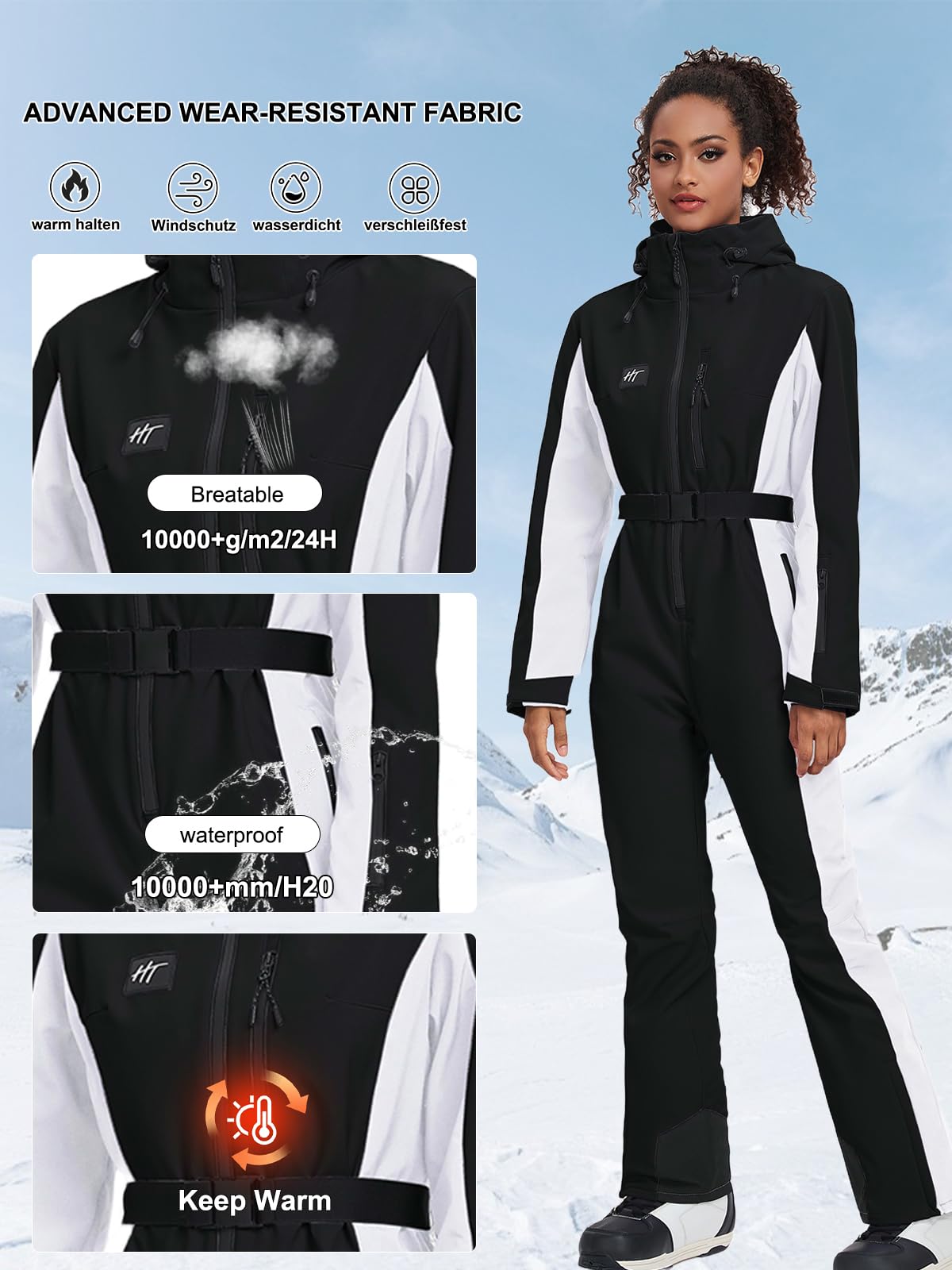 HOTIAN Traje de esquí para mujer de una sola pieza, mono de esquí para invierno, cálido, nieve, esquí, resistente al viento, impermeable, para exteriores, mono de nieve, mono con capucha, traje de