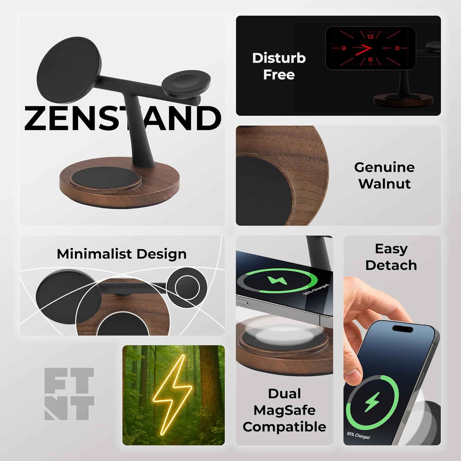 ZenStand Wireless Charging Station, 3 in 1 Charger, Genuine Wood Design, Compatible with MagSafe, Compatible with Apple Watch, Desk Accessory, 15W, Charger Station, Power Adapter/Cable Not Included