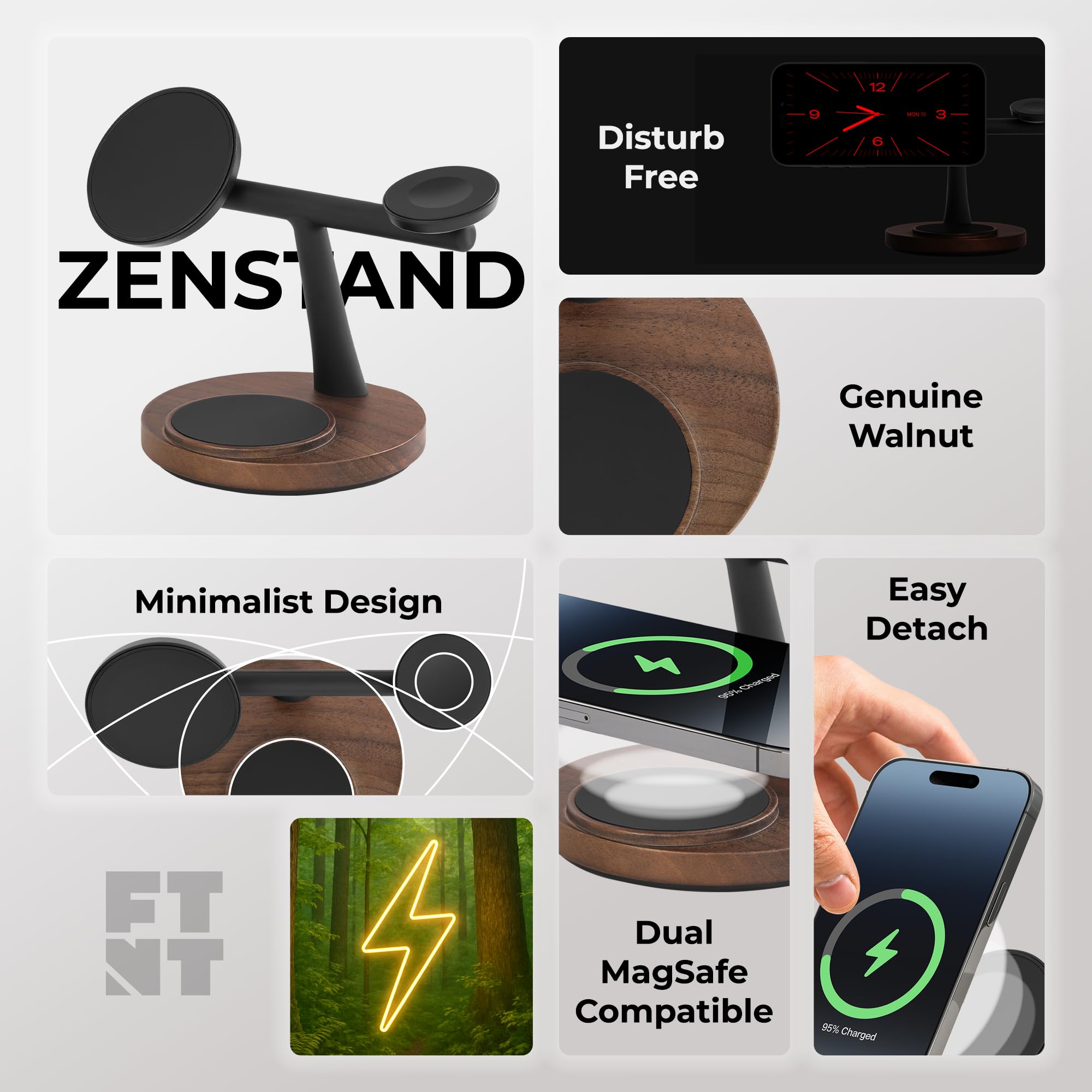 ZenStand Magnetyczna bezprzewodowa ładowarka, kompatybilna z iPhone i Apple Watch, kompatybilna z MagSafe, konstrukcja z drewna orzechowego, maks. 15 W, miękka w dotyku, bezprzewodowa stacja ładująca