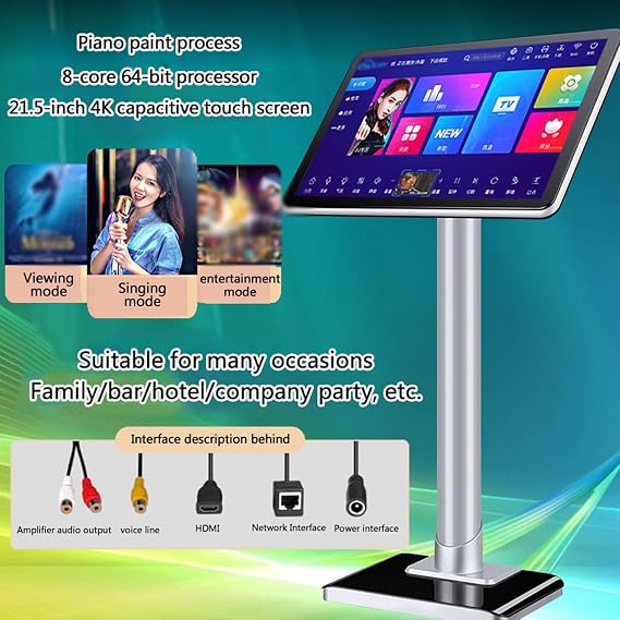 Professional Karaoke System, 21.5 Inch Touch Screen Karaoke Machine with Wireless Microphone, Power Amplifier Function, Phone App Control (White)