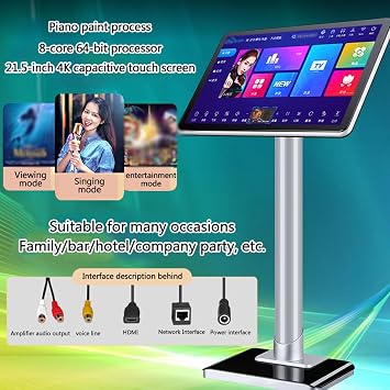 Professional Karaoke System, 21.5 Inch Touch Screen Karaoke Machine with Wireless Microphone, Power Amplifier Function, Phone App Control (White)