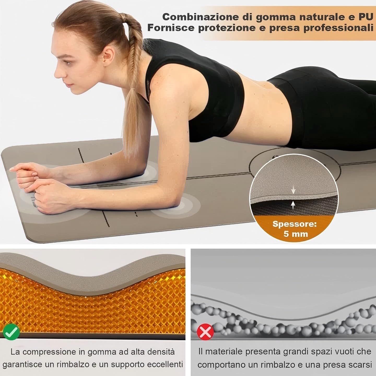 Ellylife Tappetino da Yoga Mat Antiscivolo e Assorbente in Eco PU e Gomma Naturale, 5 mm, con tracolla, per Fitness, Pilates e Workout in Home Gym, 183×61 cm e 190×68 cm