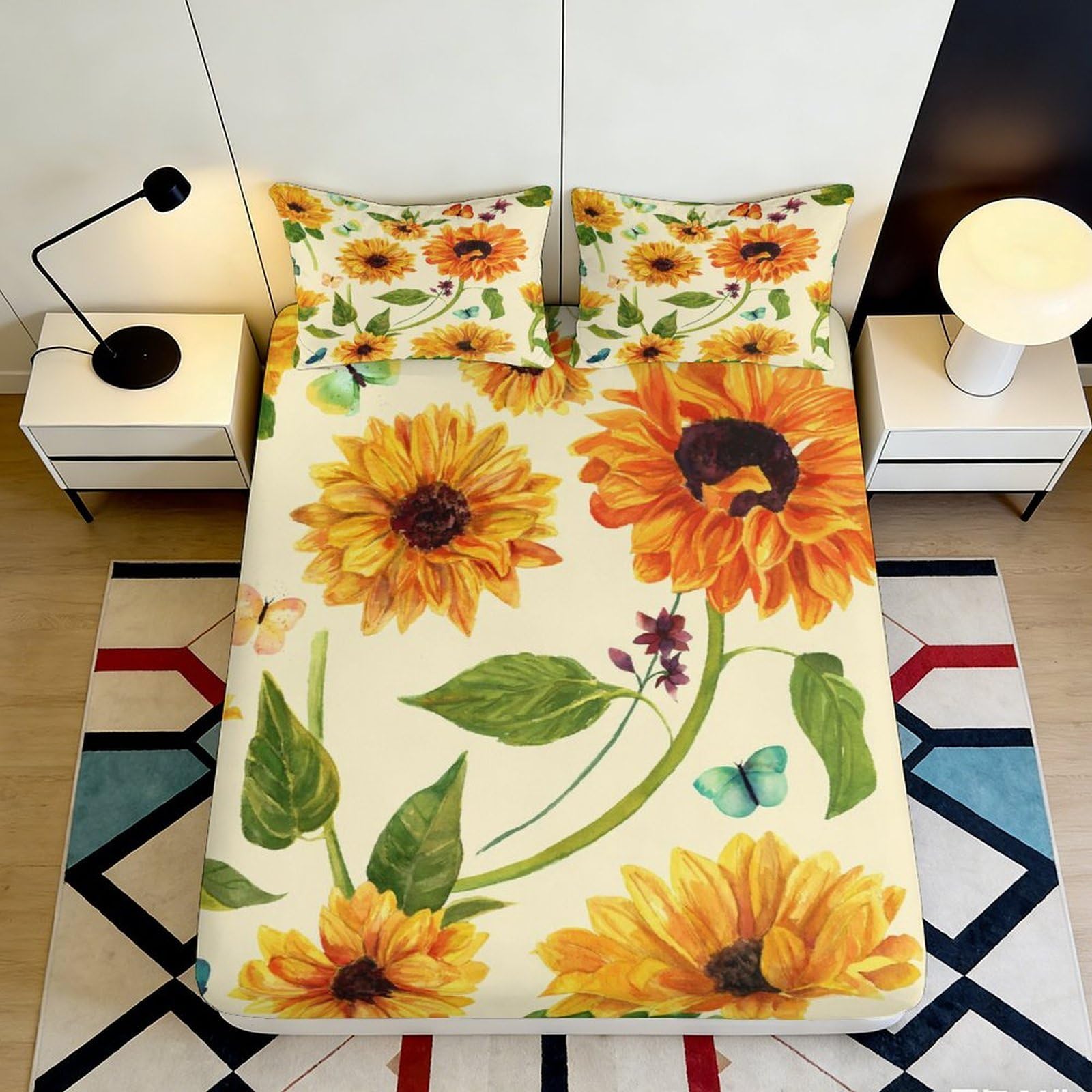 3D Printed Sunflower Fitted Sheet Microfiber Soft Yellow Flower Bed Sheet with Butterfly for Bedroom Guestroom Decor 90x200x25cm