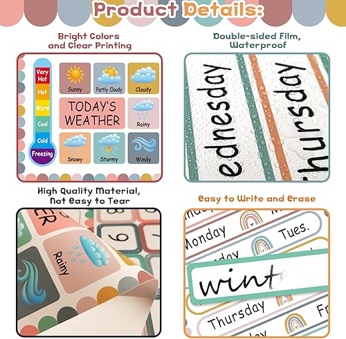 Miniatura 4 de Juego de 132 tablones de anuncios con calendario arcoíris bohemio con días de la semana, días en la escuela, estaciones, festivales, tarjetas