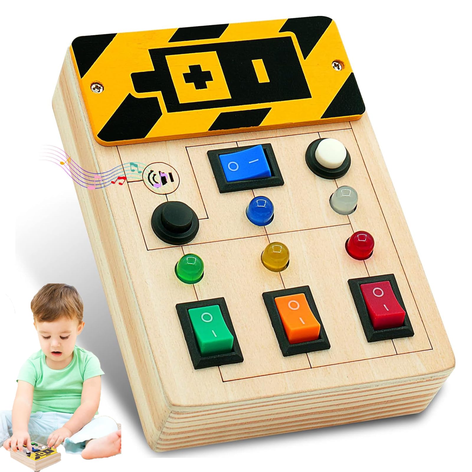 Montessori Toys, Toddler Toys Busy Board, Sensory Toys, for Toddlers 1 2 3 4 Years Old, Wooden Travel Light Up Busy Board Toys, Buttons to Push Educational Learning Fidget Toy for Boy Girls Gifts