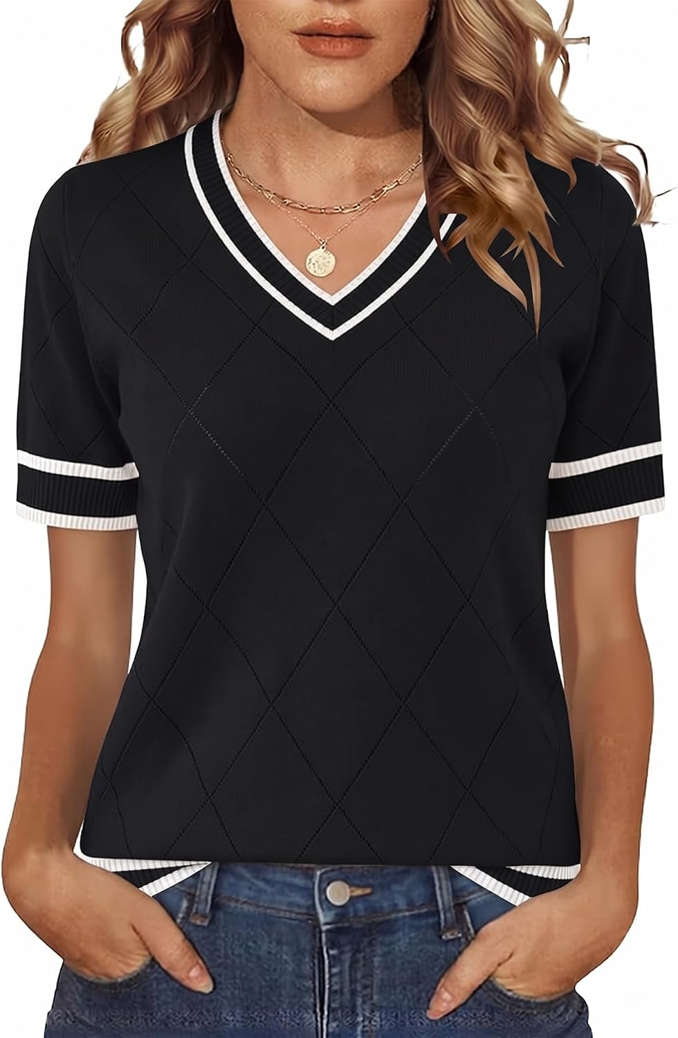 IECCP Womens Short Sleeve Sweater V Neck Summer Tops Lightweight Knit Pullover Blouses Business Casual Outfits