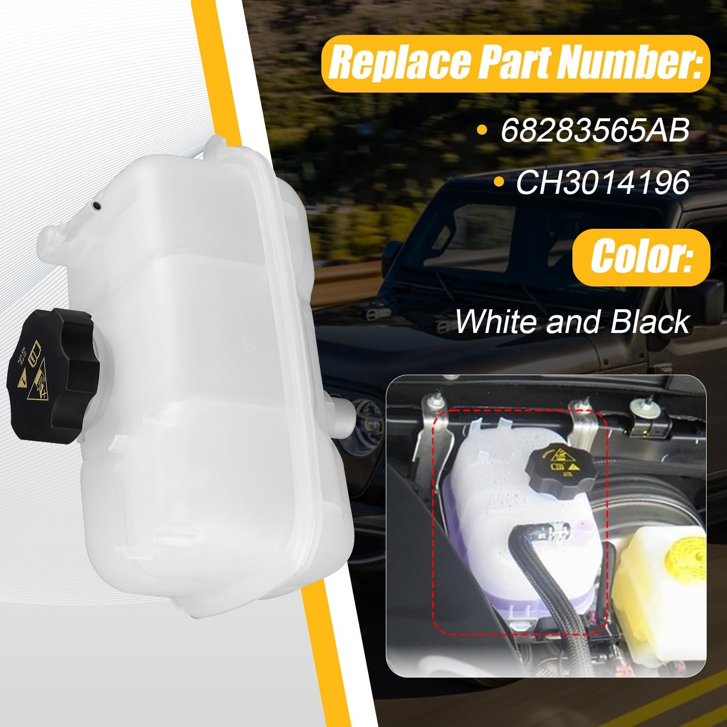 68283565AB Engine Coolant Reservoir Tank Overflow Reservoir with Cap Compatible with Jeep Wrangler V6 3.0L 3.6L 2018-2024 Replace CH3014196 Expansion Tank Overflow Bottle