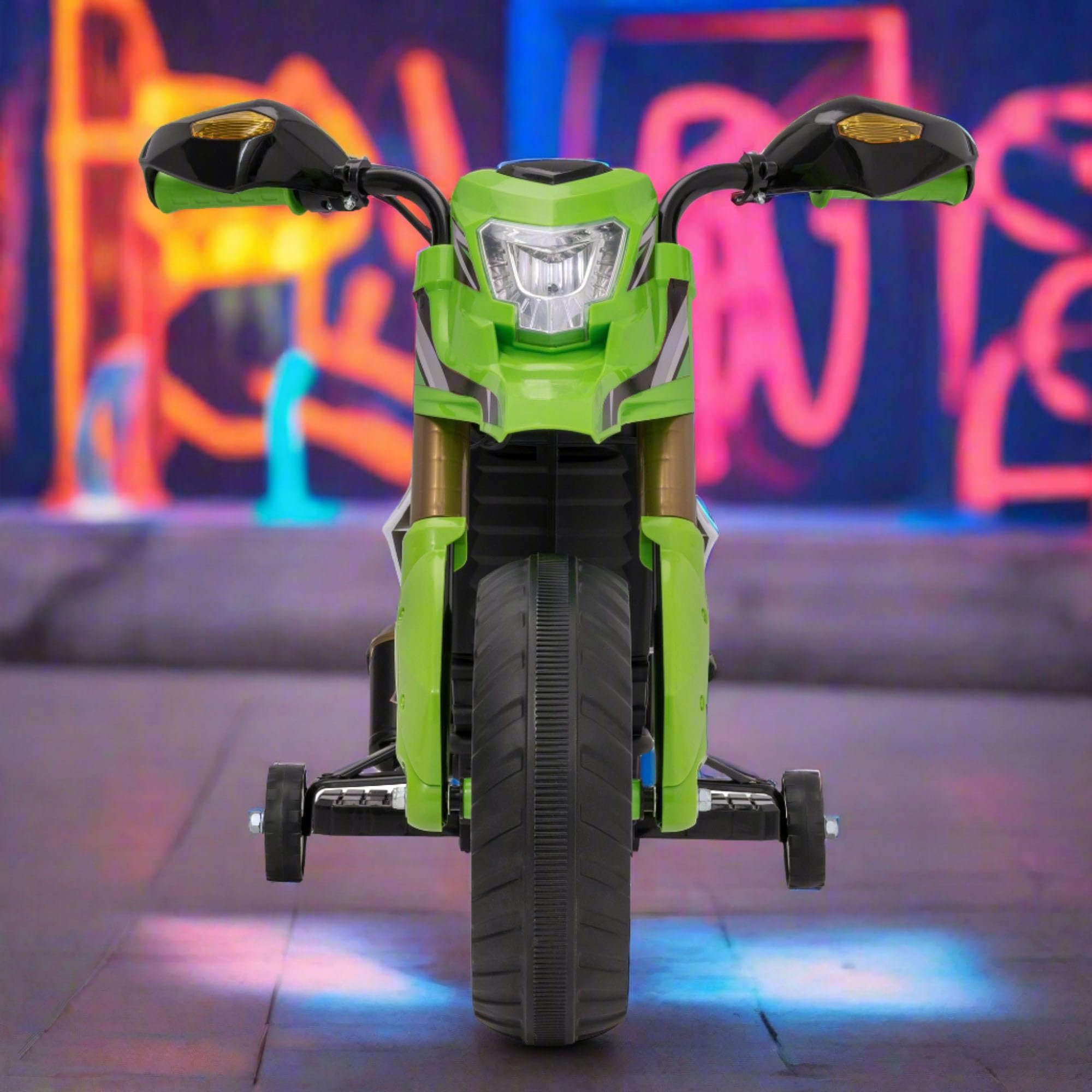 EVO Bicicletta elettrica da rally, 6 V, alimentata a batteria, fari, poggiapiedi, stabilizzatori rimovibili, veicolo da equitazione per bambini dai 3 anni in su