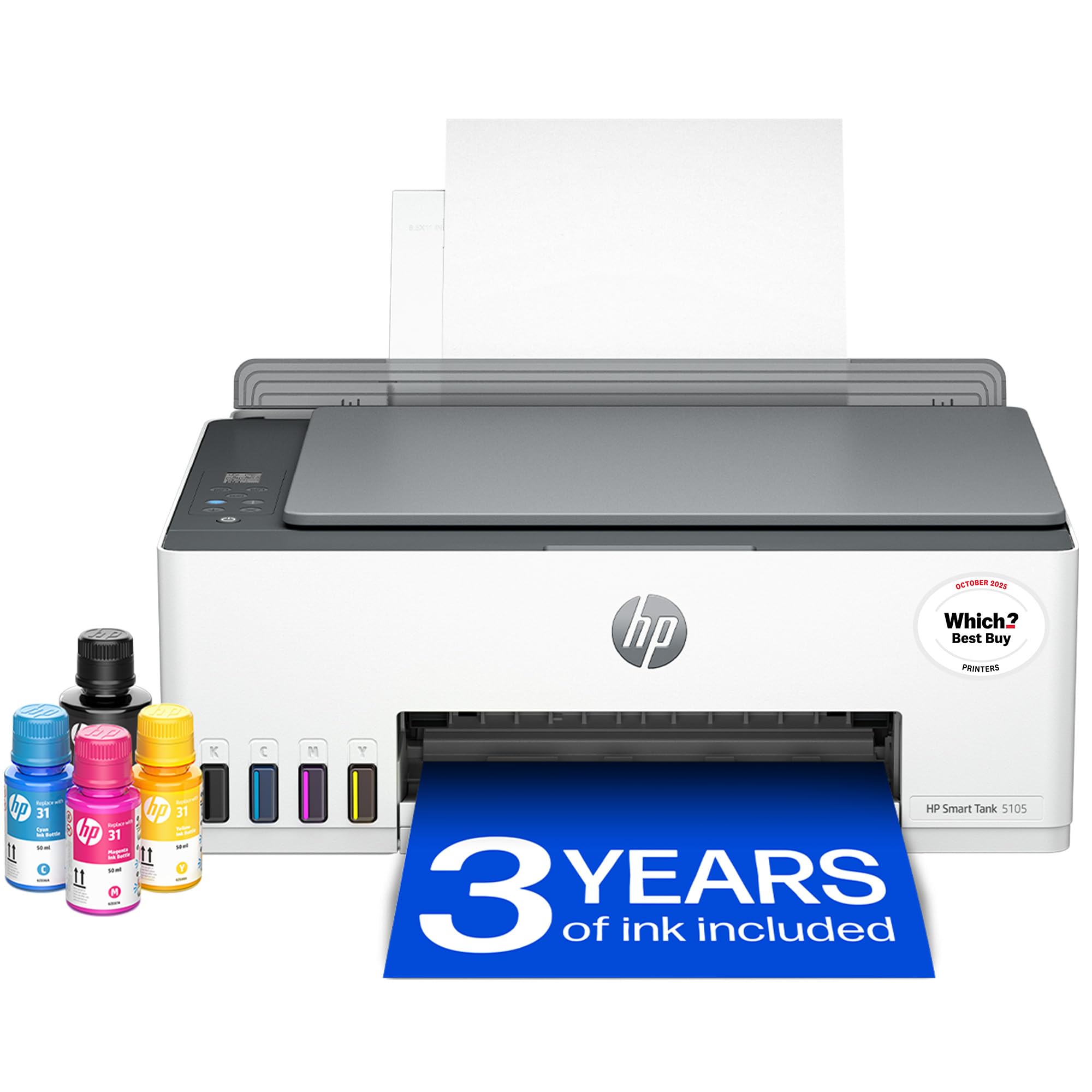 HP Smart Tank 5105 All in One Printer | Perfect for Home | Colour | Wireless | Print, Scan, Copy | Refillable, Includes up to 3 Years of Ink | Smart Buttons | Easy Setup | Reliable Wi-Fi