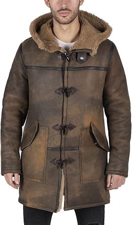 TruClothing Mens Duffle 3/4 Coat Real Sheepskin Leather Jacket Toggle Classic Retro Brown