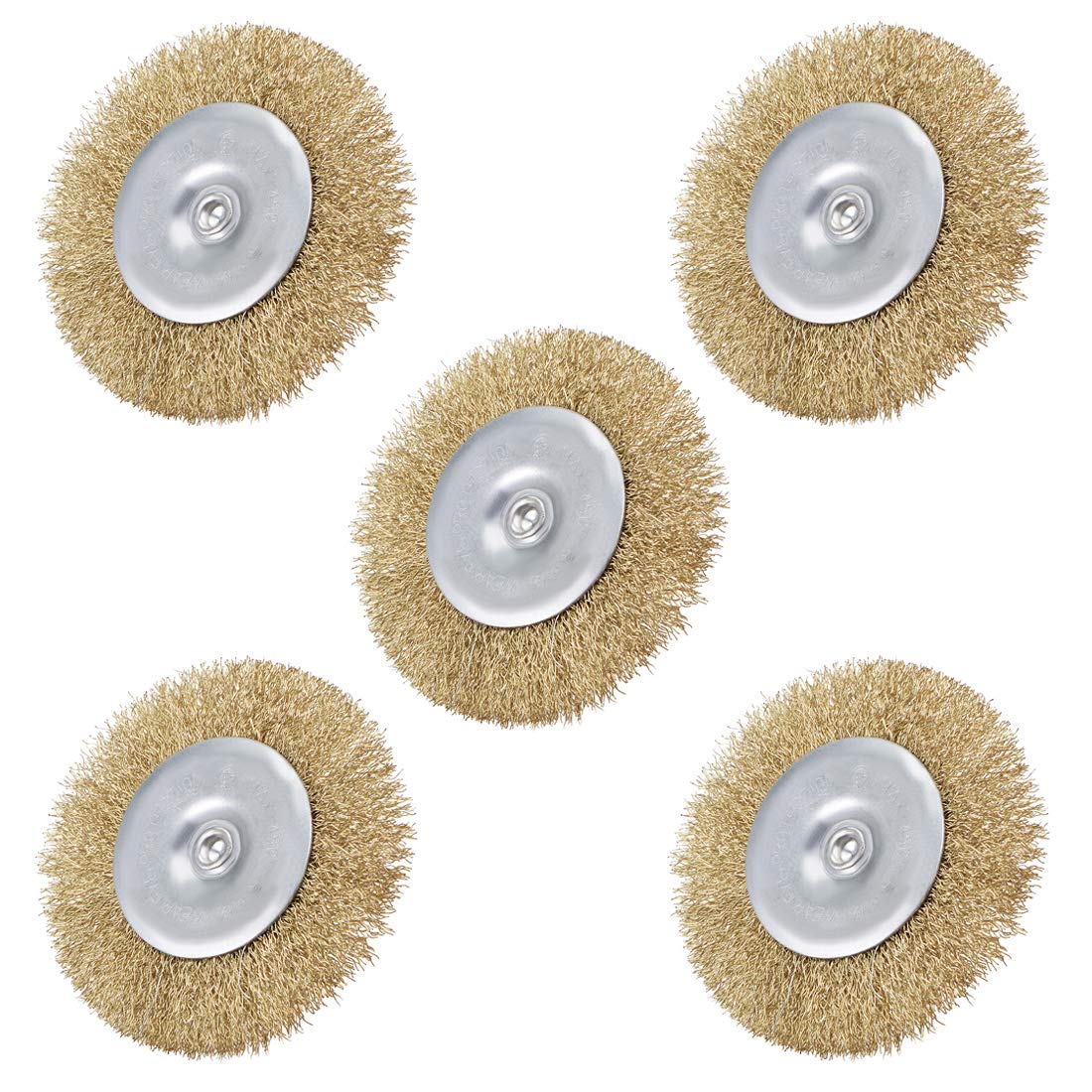 uxcell 3-Inch Wire Wheel Brush Bench Copper Plated Crimped Steel 1/4-Inch Shank 10 Pcs