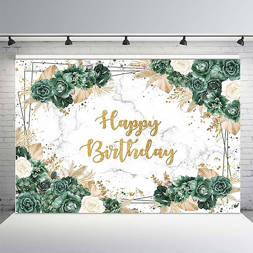 MEHOFOND Telón de fondo bohemio de feliz cumpleaños de 7 x 5 pies, flores verdes, hierba de pampas, fondo de mármol dorado con purpurina para niñas,