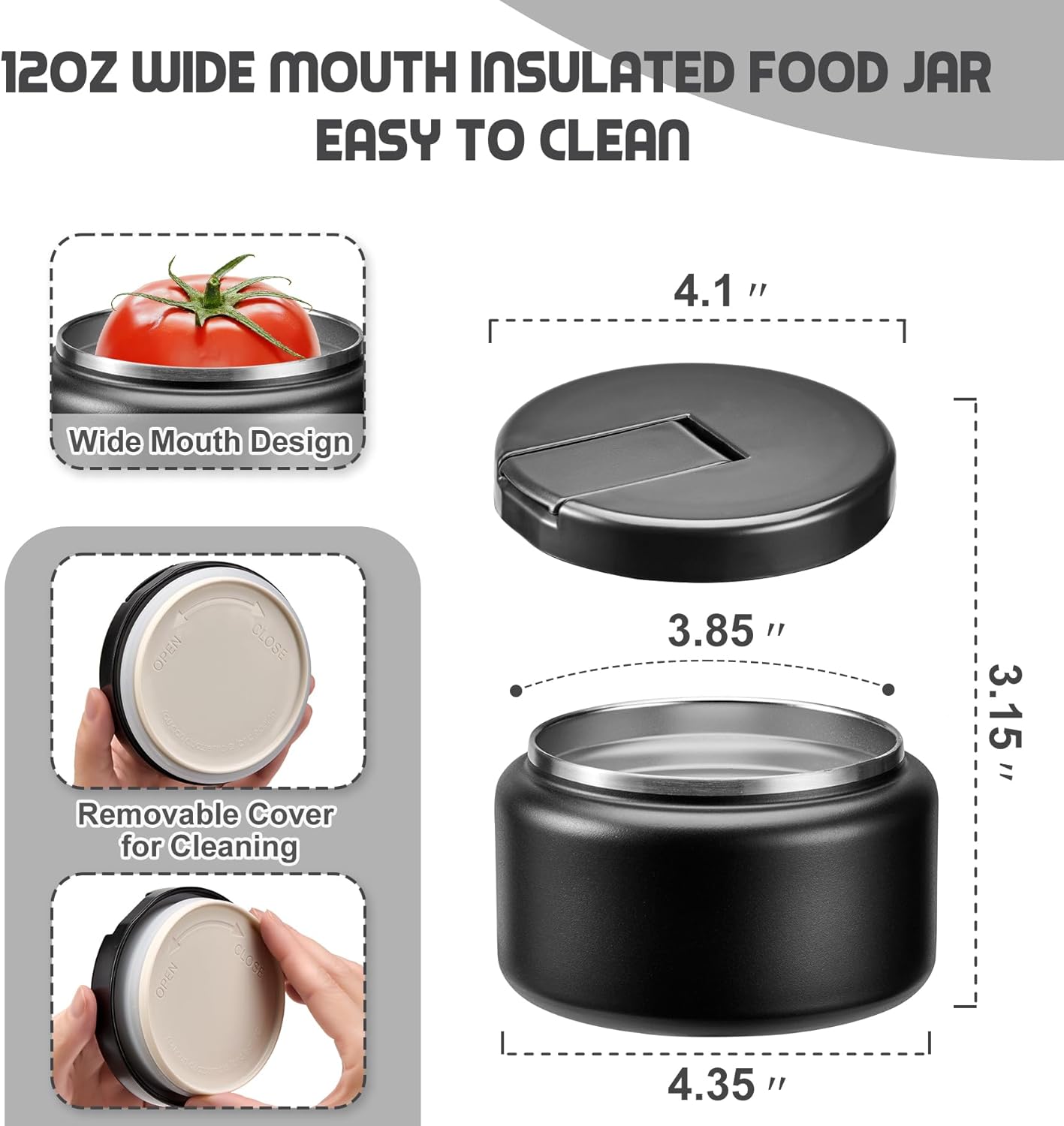13.5oz Soup Thermo for Hot Food Kids with Buckle Lid Insulated Vacuum Food Jar Wide Mouth Leakproof Stainless Steel Lunch Container (Black) - Image 4