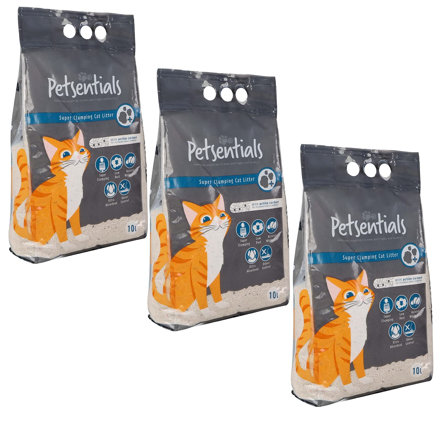 Petsentials Super Clumping Cat Litter, Highly Absorbent with Active Carbon 30L (3x10L)