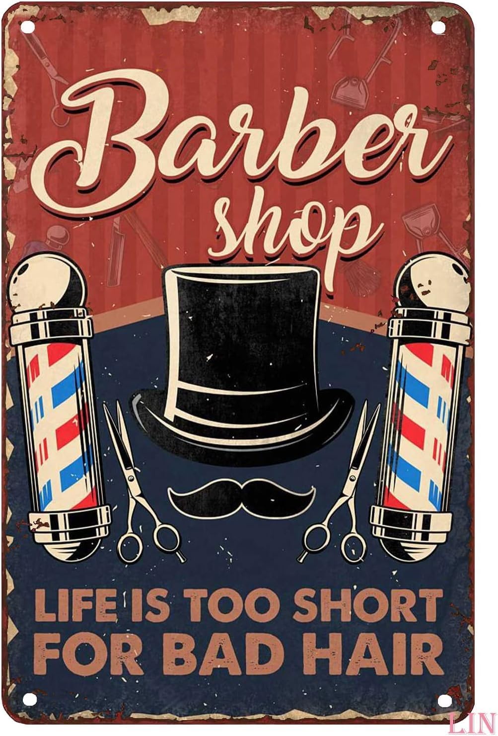 Metal Signs Vintage Barber Shop Poster Life Is Too Short for Bad Hair Baber Lover Tin Sign Chic Art Wall Metal Decorations Funny Iron Plaque Signs Gift for Living Room Office 12x8 inch