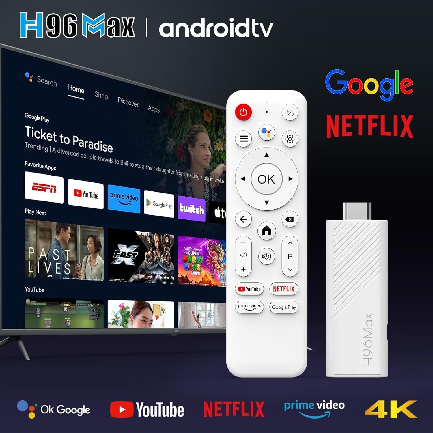 IPTV H96 Max TV Stick, TV Gratuite et en Direct,UHD Android 14,(Nouvelle génération) | Smart TV Gratuite et en Direct,Compatible Assistant Vocal, Chromecast Built-in Streaming 4K.