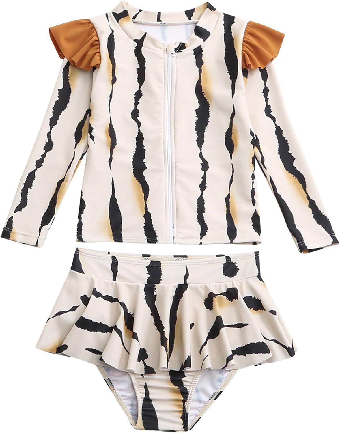Happy Cherry Two Pieces Rash Guard Swimsuits for Girls Long Sleeve Bathing Suit with Ruffle Skirts Zip Front Beach Swimwear
