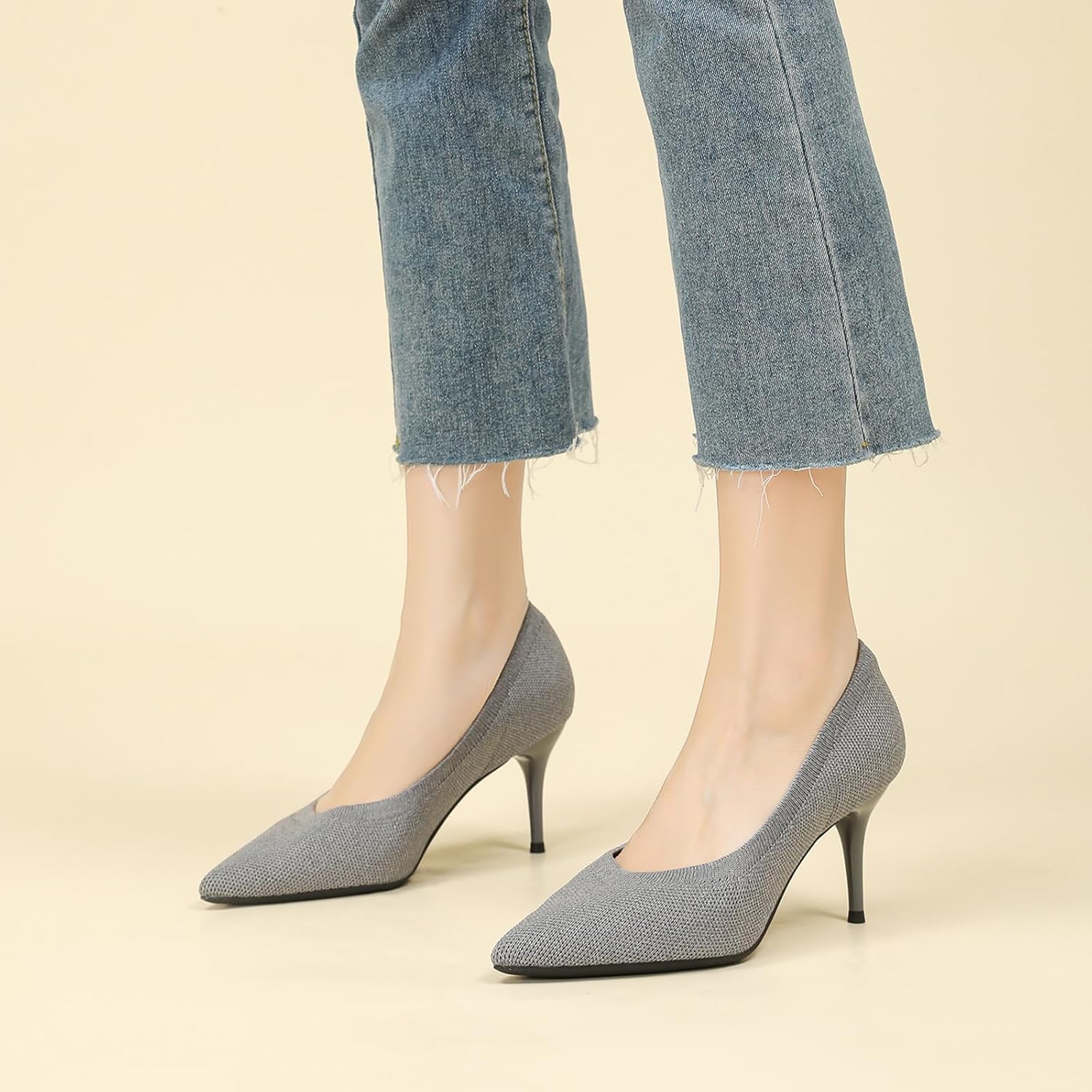 Women's Knit Mesh Kitten Heels Pumps Sexy Closed Pointed Toe Comfortable Breathe Slip-on Lightweight Stiletto Heels Dress Work Shoes for Casual Party Wedding