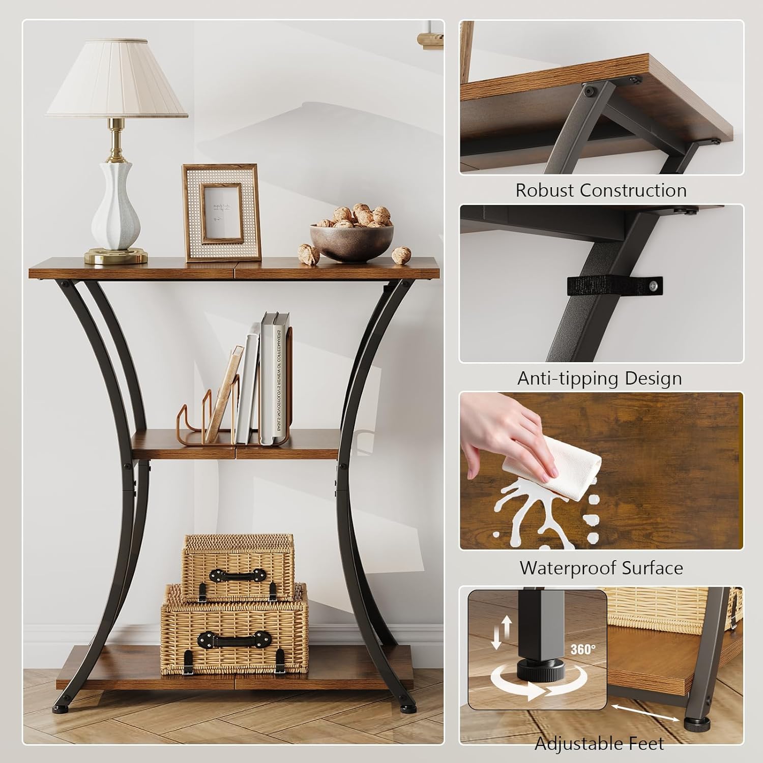 Rustic 3-Tier Console Table with Open Shelves Narrow Entryway Table with Curved Metal Frame Slim Sofa Table for Hallway Living Room or Foyer (Rustic Brown)