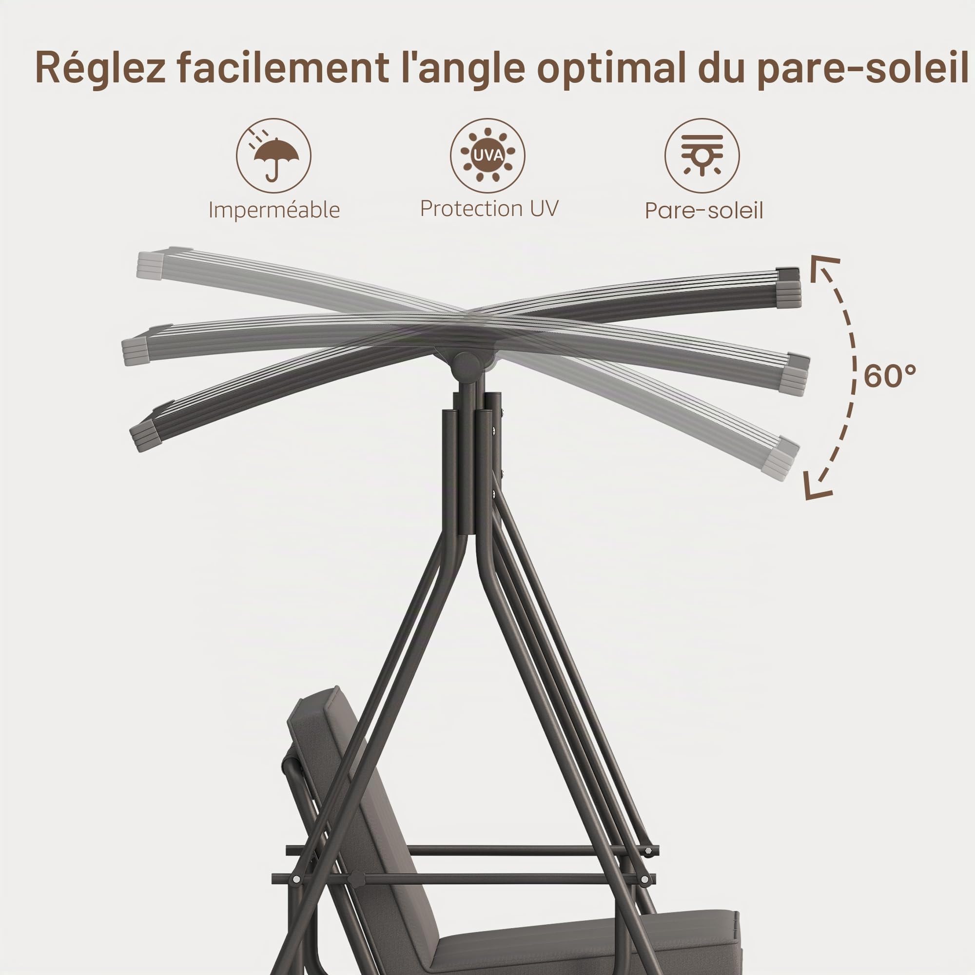 Balançoire de Jardin Hollywood 3 Places Gris, Convertible en Lit avec Toit Pare-Soleil Réglable, Structure Métallique Stable Tissu Étanche pour Terrasse Jardin