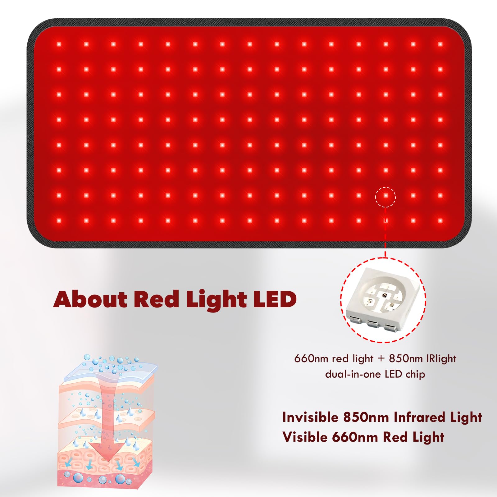Almohadilla de luz roja, 61 cm x 30,5 cm, 150 ledes, cinturón de