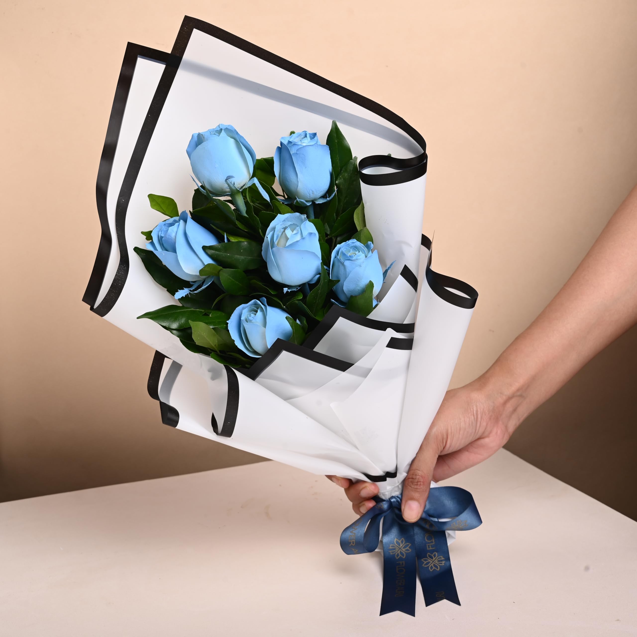 FlowerAura Fresh Live Flower Bouquet of 6 Blue Spray Roses In Premium Paper For Birthday & Anniversary Gift, Wedding Gift, Mother's Day Gift, Love & Romance Gift, Father's Day Gift (Same Day Delivery)